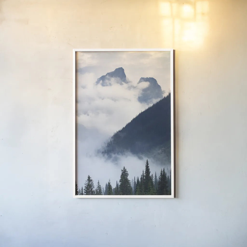 Mountain Fog by Alan Majchrowicz. shown as a paper print in a white frame. Available as a archival giclee rolled canvas, fine art paper, or poster print. SKU 77221h.