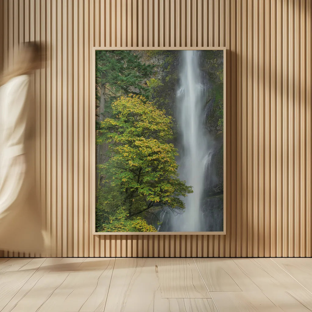 Multnomah Falls color by Alan Majchrowicz. shown as over sized large wall art. Available as an archival giclee rolled canvas, fine art paper, or poster print. SKU 48124h.