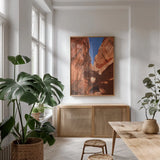 Neon Canyon I by Alan Majchrowicz. shown as a print in a natural wood frame in a dining room. Available as a archival giclee rolled canvas, fine art paper, or poster print. SKU 53583h.
