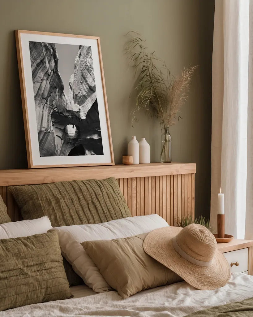 Neon Canyon I BW by Alan Majchrowicz. shown as a paper print in a natural frame. Available as a archival giclee rolled canvas, fine art paper, or poster print. SKU 53664h.