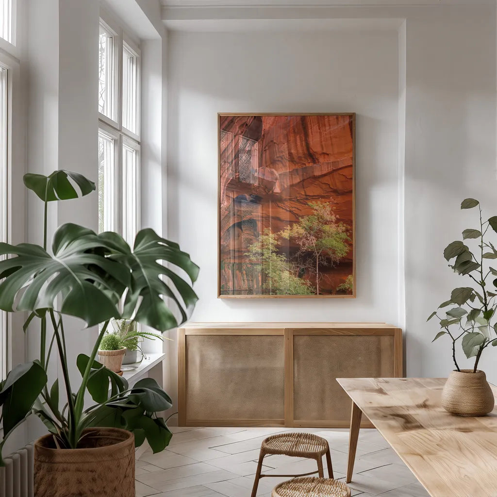 Neon Canyon III by Alan Majchrowicz. shown as a print in a natural wood frame in a dining room. Available as a archival giclee rolled canvas, fine art paper, or poster print. SKU 53874h.