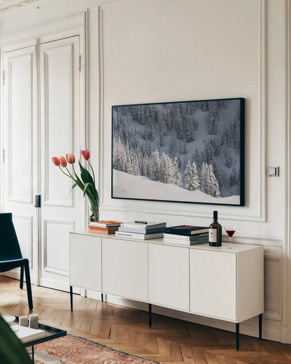 North Cascades in Winter III by Alan Majchrowicz. shown as a framed stretched canvas in a living room above a console. Available as a archival giclee rolled canvas, fine art paper, or poster print. SKU 60623i.