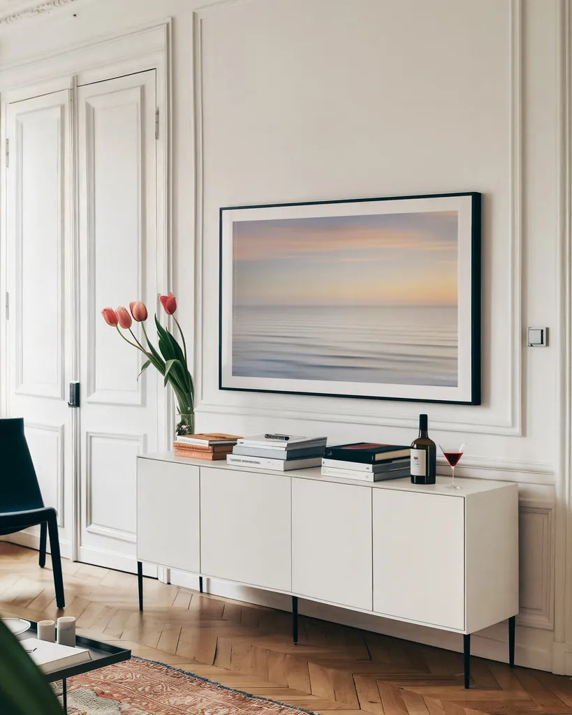 On the Horizon I by Alan Majchrowicz. shown as a framed stretched canvas in a living room above a console. Available as a archival giclee rolled canvas, fine art paper, or poster print. SKU 33901i.