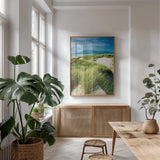Oregon Dunes Grass by Alan Majchrowicz. shown as a print in a natural wood frame in a dining room. Available as a archival giclee rolled canvas, fine art paper, or poster print. SKU 53745h.