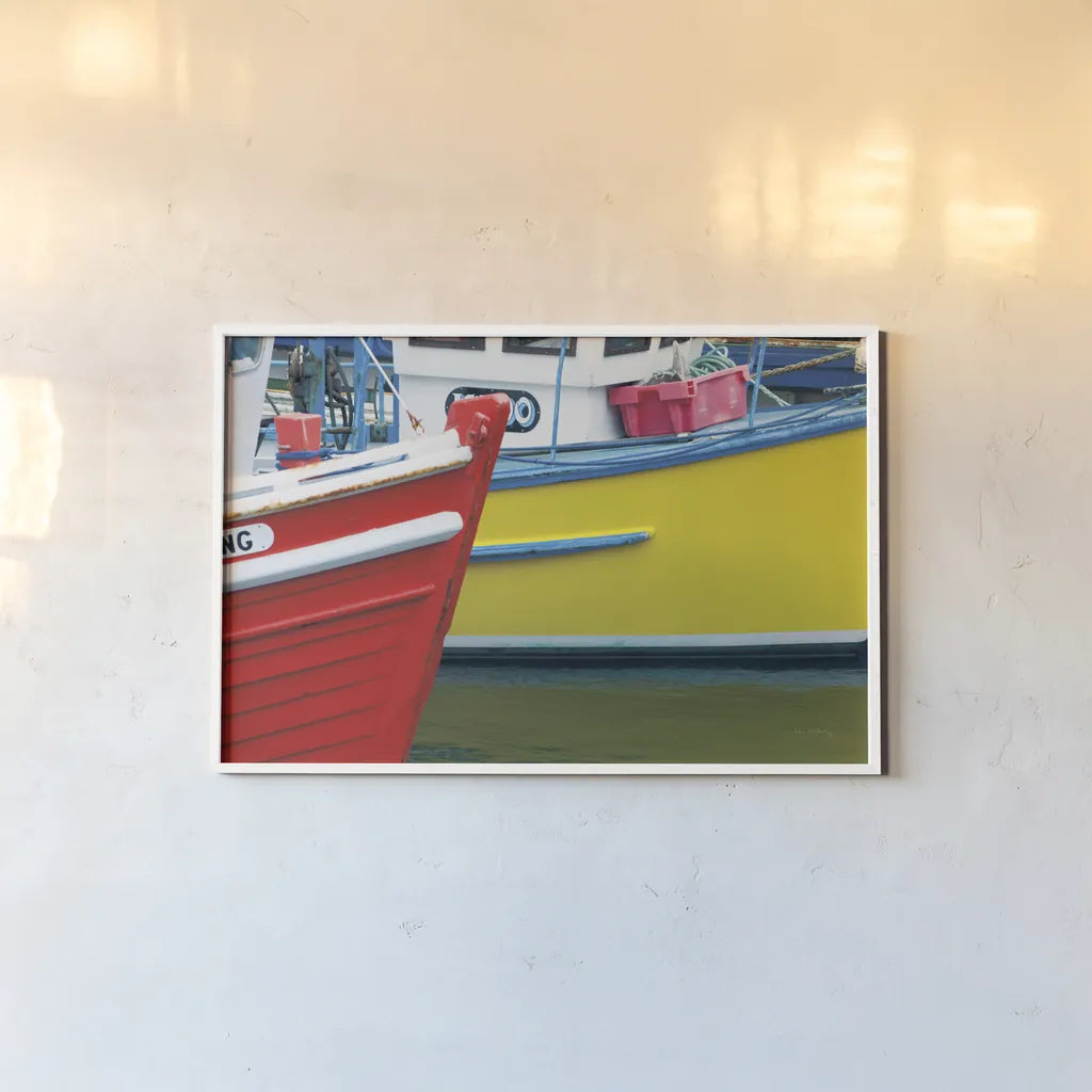 Orkney Fishing Boats by Alan Majchrowicz. shown as a paper print in a white frame. Available as a archival giclee rolled canvas, fine art paper, or poster print. SKU 53744i.