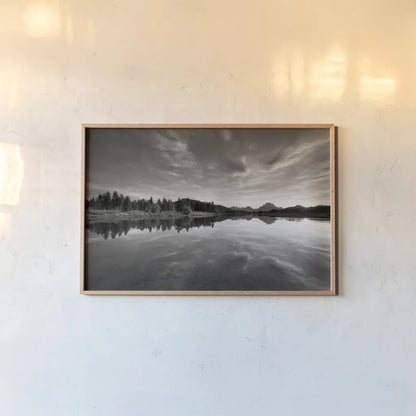 Oxbow Bend sunset Grand Teton National Park by Alan Majchrowicz. shown as a paper print in a natural frame. Available as a archival giclee rolled canvas, fine art paper, or poster print. SKU 64543i.