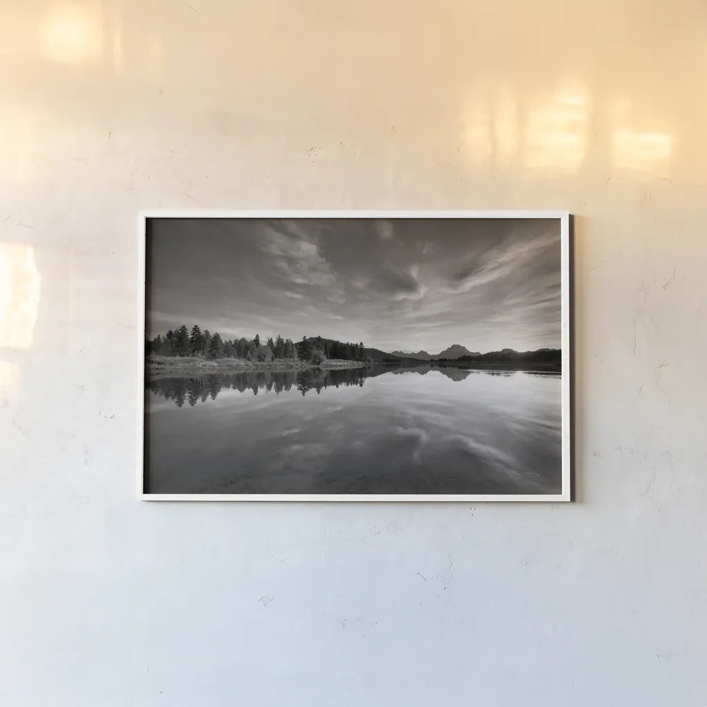 Oxbow Bend sunset Grand Teton National Park by Alan Majchrowicz. shown as a paper print in a white frame. Available as a archival giclee rolled canvas, fine art paper, or poster print. SKU 64543i.