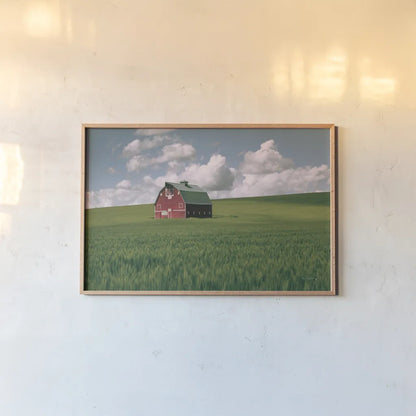 Palouse Region Red Barn I by Alan Majchrowicz. shown as a paper print in a natural frame. Available as a archival giclee rolled canvas, fine art paper, or poster print. SKU 67697i.
