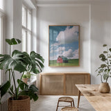 Palouse Region Red Barn II by Alan Majchrowicz. shown as a print in a natural wood frame in a dining room. Available as a archival giclee rolled canvas, fine art paper, or poster print. SKU 67698h.