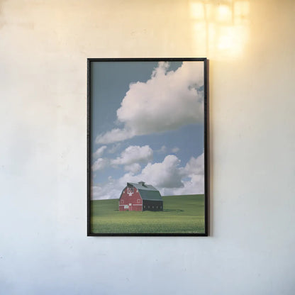 Palouse Region Red Barn II by Alan Majchrowicz. shown as a paper print in a black flame. Available as a archival giclee rolled canvas, fine art paper, or poster print. SKU 67698h.