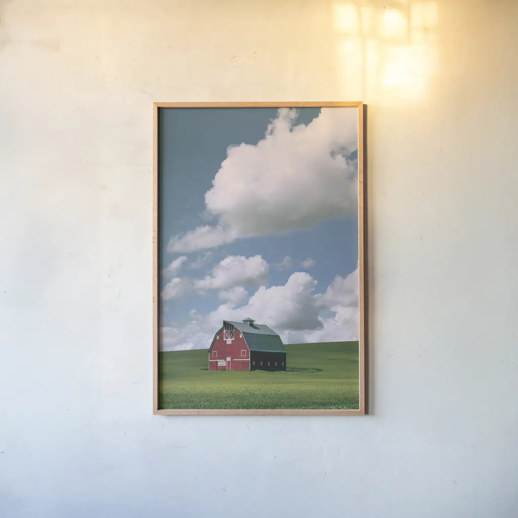 Palouse Region Red Barn II by Alan Majchrowicz. shown as a paper print in a natural frame. Available as a archival giclee rolled canvas, fine art paper, or poster print. SKU 67698h.