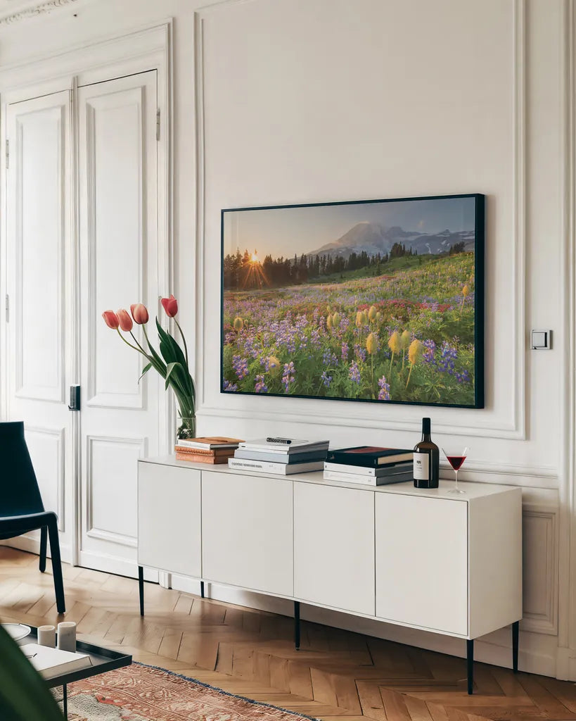 Paradise Wildflower Meadows I by Alan Majchrowicz. shown as a framed stretched canvas in a living room above a console. Available as a archival giclee rolled canvas, fine art paper, or poster print. SKU 81530i.