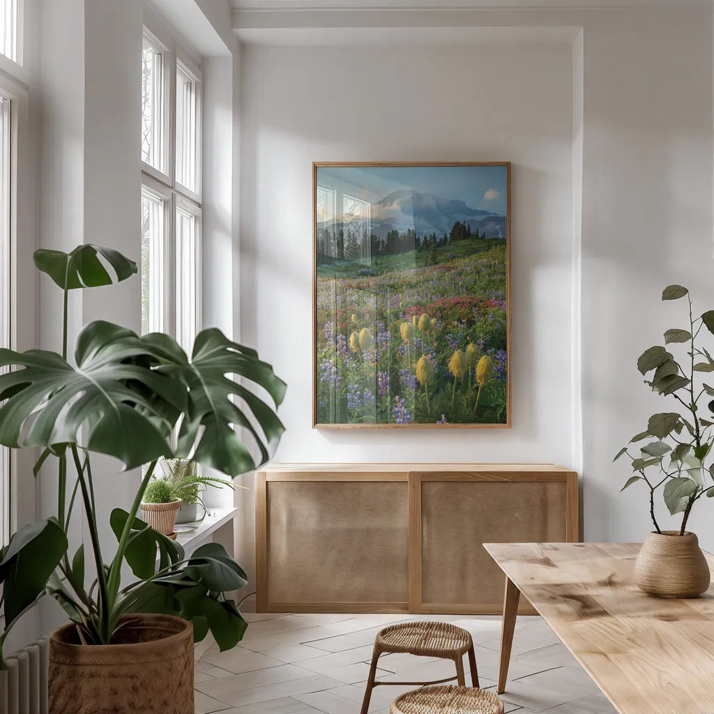 Paradise Wildflower Meadows II by Alan Majchrowicz. shown as a print in a natural wood frame in a dining room. Available as a archival giclee rolled canvas, fine art paper, or poster print. SKU 81531h.
