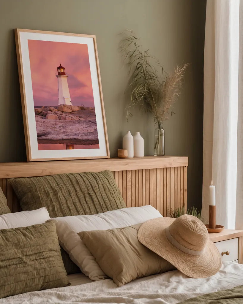 Peggys Cove by Alan Majchrowicz. shown as a paper print in a natural frame. Available as a archival giclee rolled canvas, fine art paper, or poster print. SKU 46108h.