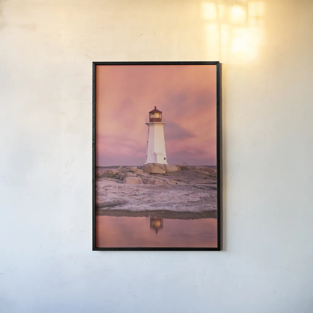 Peggys Cove by Alan Majchrowicz. shown as a paper print in a black flame. Available as a archival giclee rolled canvas, fine art paper, or poster print. SKU 46108h.