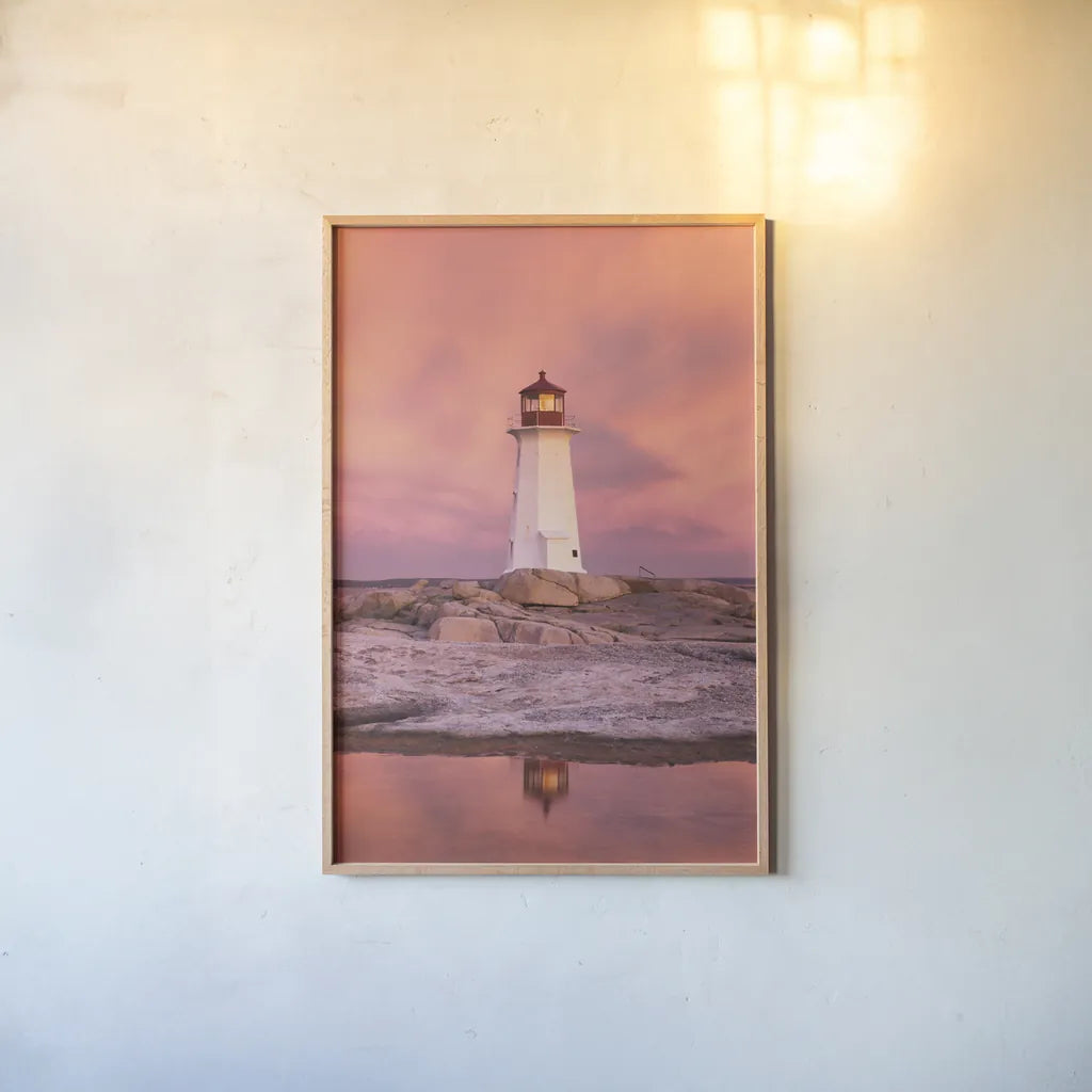 Peggys Cove by Alan Majchrowicz. shown as a paper print in a natural frame. Available as a archival giclee rolled canvas, fine art paper, or poster print. SKU 46108h.