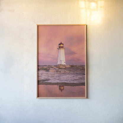 Peggys Cove by Alan Majchrowicz. shown as a paper print in a natural frame. Available as a archival giclee rolled canvas, fine art paper, or poster print. SKU 46108h.
