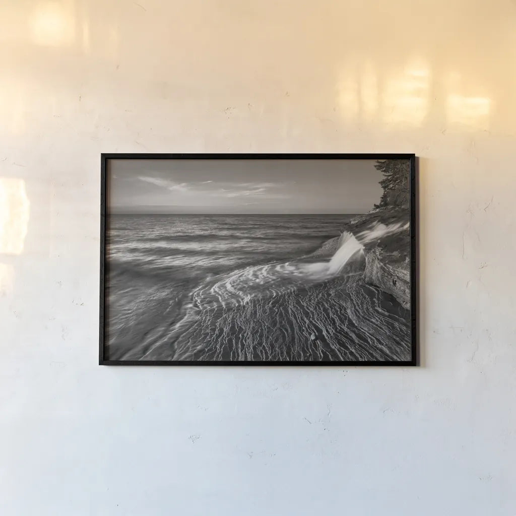 Pictured Rocks Michigan II BW by Alan Majchrowicz. shown as a paper print in a black flame. Available as a archival giclee rolled canvas, fine art paper, or poster print. SKU 50394i.
