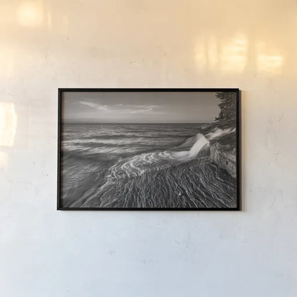 Pictured Rocks Michigan II BW by Alan Majchrowicz. shown as a paper print in a black flame. Available as a archival giclee rolled canvas, fine art paper, or poster print. SKU 50394i.