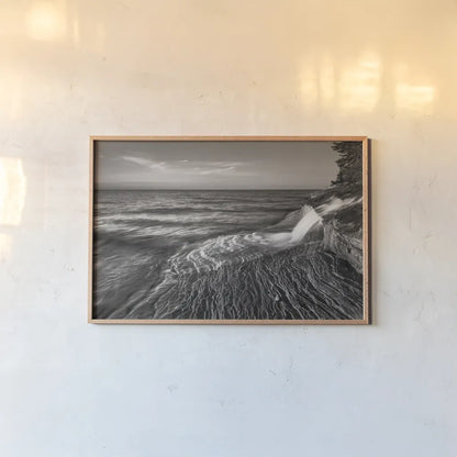 Pictured Rocks Michigan II BW by Alan Majchrowicz. shown as a paper print in a natural frame. Available as a archival giclee rolled canvas, fine art paper, or poster print. SKU 50394i.