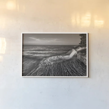 Pictured Rocks Michigan II BW by Alan Majchrowicz. shown as a paper print in a white frame. Available as a archival giclee rolled canvas, fine art paper, or poster print. SKU 50394i.
