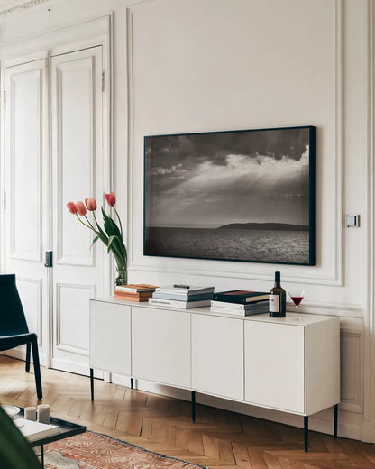 Portugal Cove by Alan Majchrowicz. shown as a framed stretched canvas in a living room above a console. Available as a archival giclee rolled canvas, fine art paper, or poster print. SKU 89100i.