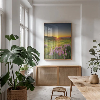 Prairie Sunrise by Alan Majchrowicz. shown as a print in a natural wood frame in a dining room. Available as a archival giclee rolled canvas, fine art paper, or poster print. SKU 53743h.