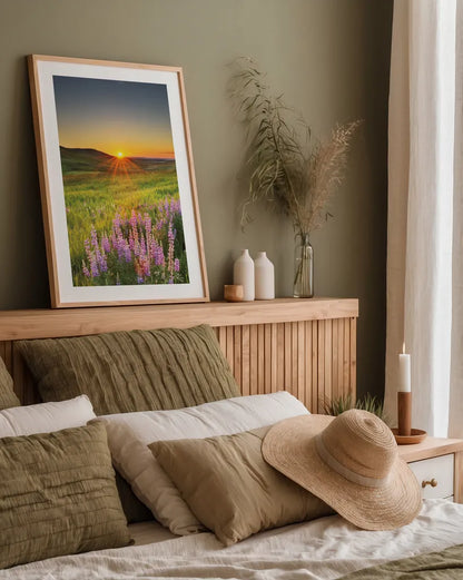 Prairie Sunrise by Alan Majchrowicz. shown as a paper print in a natural frame. Available as a archival giclee rolled canvas, fine art paper, or poster print. SKU 53743h.