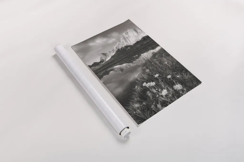 Pronghorn and Dragon Head Peaks BW by Alan Majchrowicz. shown as a rolled paper print. Available as archival giclee rolled canvas, fine art paper, or poster print. SKU 81534h.