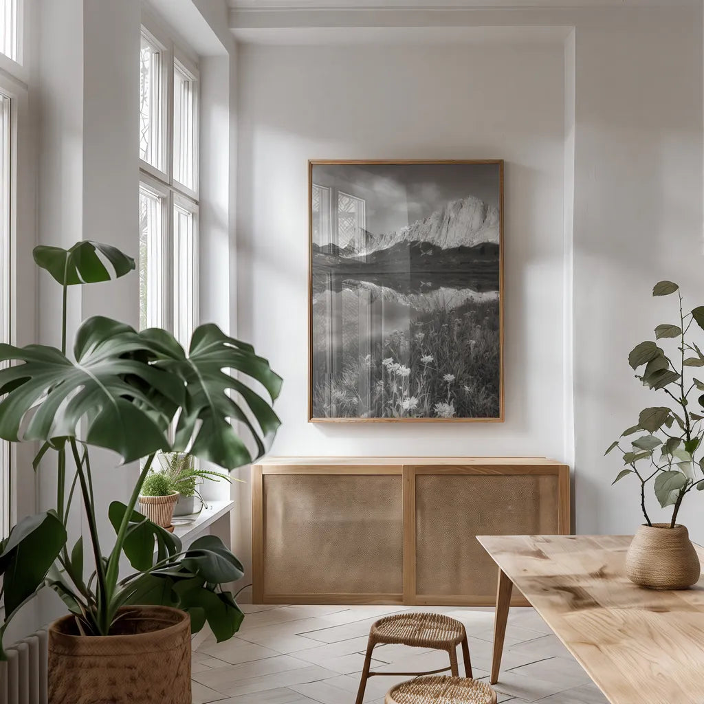 Pronghorn and Dragon Head Peaks BW by Alan Majchrowicz. shown as a print in a natural wood frame in a dining room. Available as a archival giclee rolled canvas, fine art paper, or poster print. SKU 81534h.