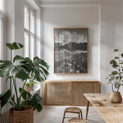 Pronghorn and Dragon Head Peaks BW by Alan Majchrowicz. shown as a print in a natural wood frame in a dining room. Available as a archival giclee rolled canvas, fine art paper, or poster print. SKU 81534h.