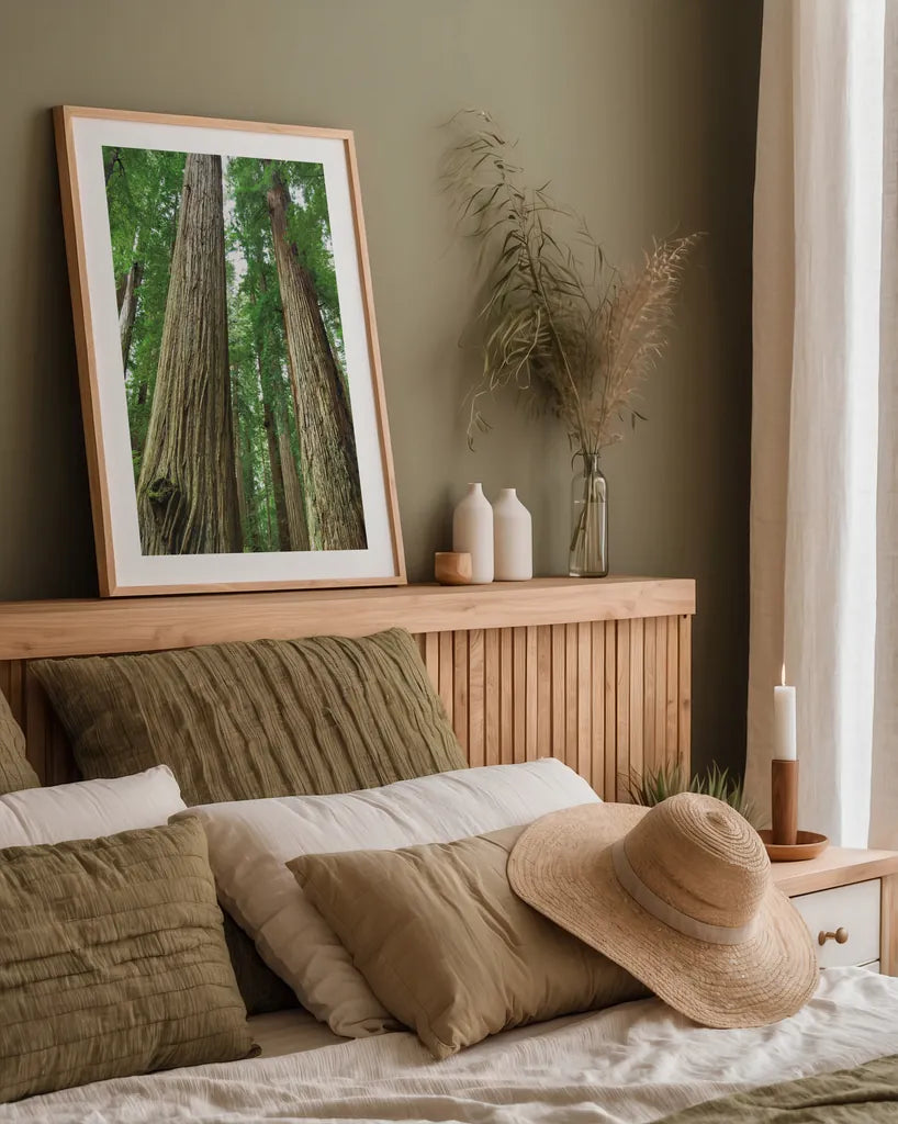Redwoods Forest I by Alan Majchrowicz. shown as a paper print in a natural frame. Available as a archival giclee rolled canvas, fine art paper, or poster print. SKU 30205h.