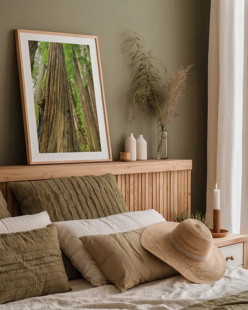 Redwoods Forest III by Alan Majchrowicz. shown as a paper print in a natural frame. Available as a archival giclee rolled canvas, fine art paper, or poster print. SKU 30207h.