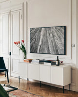 Redwoods Forest IV BW by Alan Majchrowicz. shown as a framed stretched canvas in a living room above a console. Available as a archival giclee rolled canvas, fine art paper, or poster print. SKU 30786i.