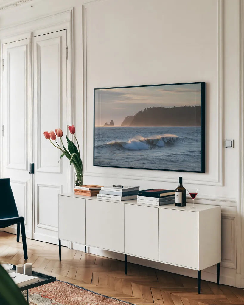 Rialto Beach Waves by Alan Majchrowicz. shown as a framed stretched canvas in a living room above a console. Available as a archival giclee rolled canvas, fine art paper, or poster print. SKU 86303i.