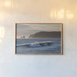 Rialto Beach Waves by Alan Majchrowicz. shown as a paper print in a natural frame. Available as a archival giclee rolled canvas, fine art paper, or poster print. SKU 86303i.