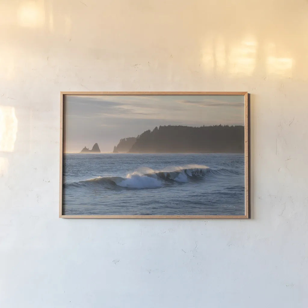 Rialto Beach Waves by Alan Majchrowicz. shown as a paper print in a natural frame. Available as a archival giclee rolled canvas, fine art paper, or poster print. SKU 86303i.