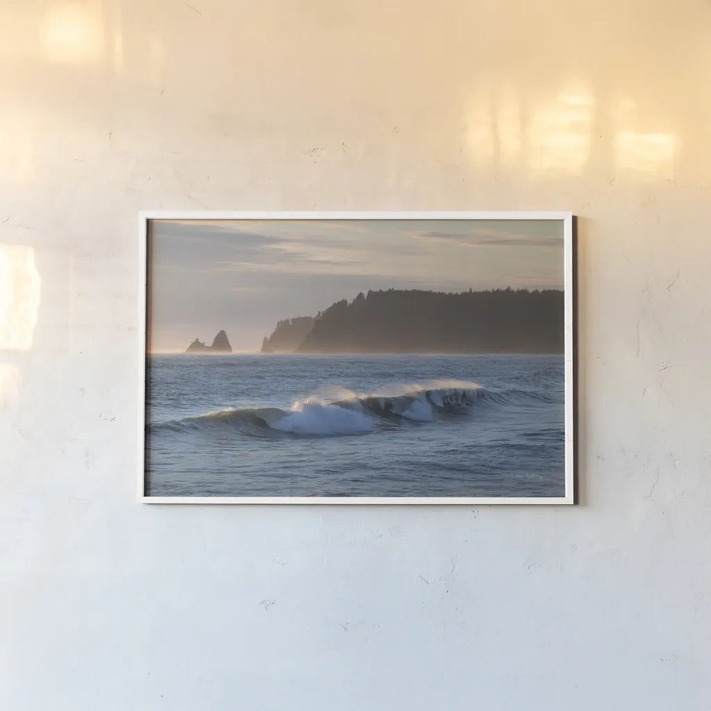 Rialto Beach Waves by Alan Majchrowicz. shown as a paper print in a white frame. Available as a archival giclee rolled canvas, fine art paper, or poster print. SKU 86303i.