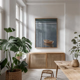Rowboat in Ross by Alan Majchrowicz. shown as a print in a natural wood frame in a dining room. Available as a archival giclee rolled canvas, fine art paper, or poster print. SKU 53742h.