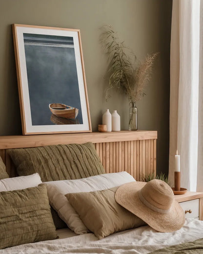 Rowboat in Ross by Alan Majchrowicz. shown as a paper print in a natural frame. Available as a archival giclee rolled canvas, fine art paper, or poster print. SKU 53742h.