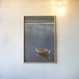 Rowboat in Ross by Alan Majchrowicz. shown as a paper print in a natural frame. Available as a archival giclee rolled canvas, fine art paper, or poster print. SKU 53742h.