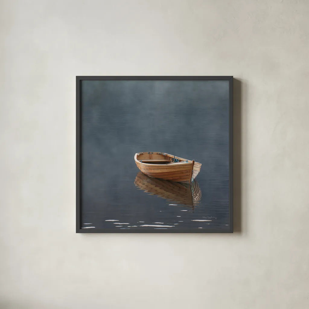 Rowboat in Ross Crop by Alan Majchrowicz. Shown in a sleek black glass frame for a contemporary gallery look. Available as an archival giclee rolled canvas, fine art paper, or poster print. SKU 53742a.