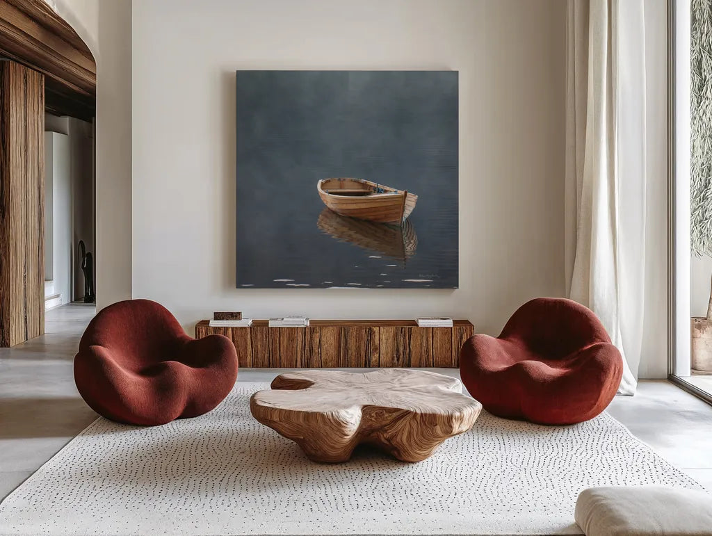 Rowboat in Ross Crop by Alan Majchrowicz. Shown as extra-large giant wall art in a modern living room. Available as an archival giclee rolled canvas, fine art paper, or poster print. SKU 53742a.