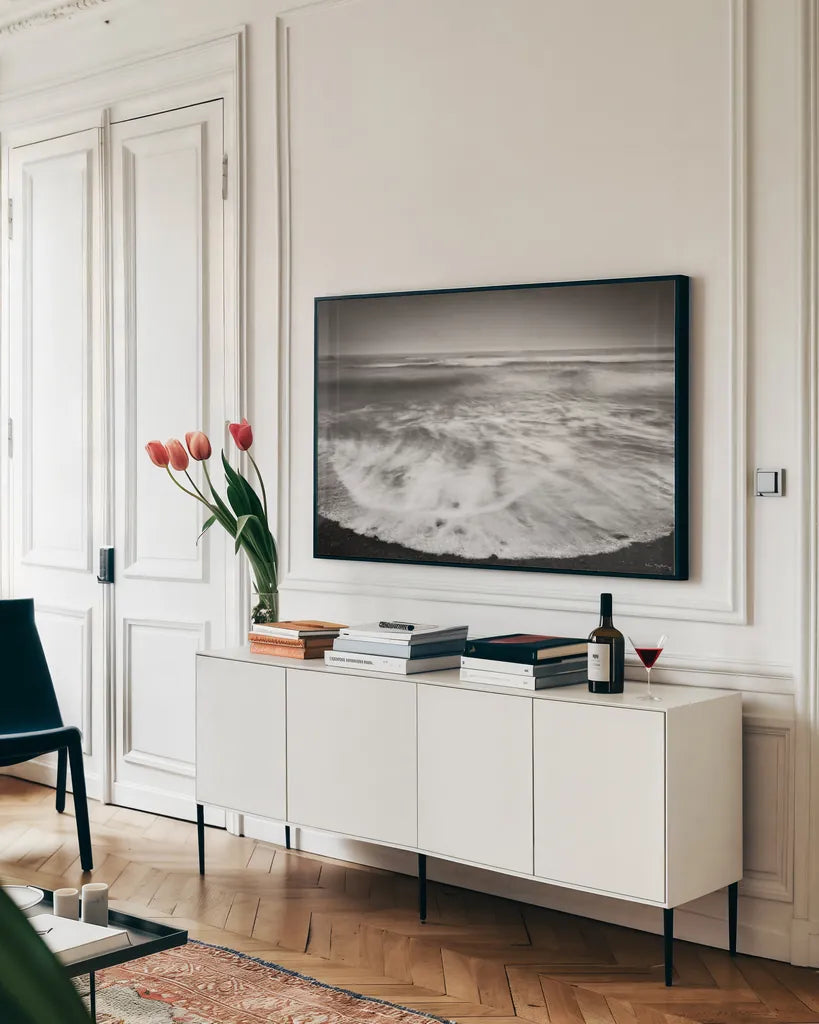 Ruby Beach I by Alan Majchrowicz. shown as a framed stretched canvas in a living room above a console. Available as a archival giclee rolled canvas, fine art paper, or poster print. SKU 19548i.