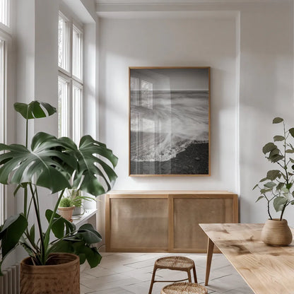 Ruby Beach II by Alan Majchrowicz. shown as a print in a natural wood frame in a dining room. Available as a archival giclee rolled canvas, fine art paper, or poster print. SKU 19549h.