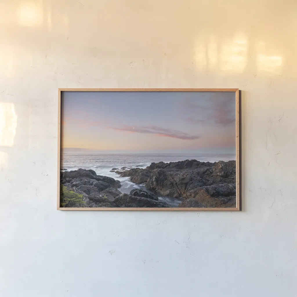 Rugged Coast Along Wild Pacific Trail by Alan Majchrowicz. shown as a paper print in a natural frame. Available as a archival giclee rolled canvas, fine art paper, or poster print. SKU 86352i.