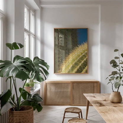 Saguaro Detail by Alan Majchrowicz. shown as a print in a natural wood frame in a dining room. Available as a archival giclee rolled canvas, fine art paper, or poster print. SKU 86030h.