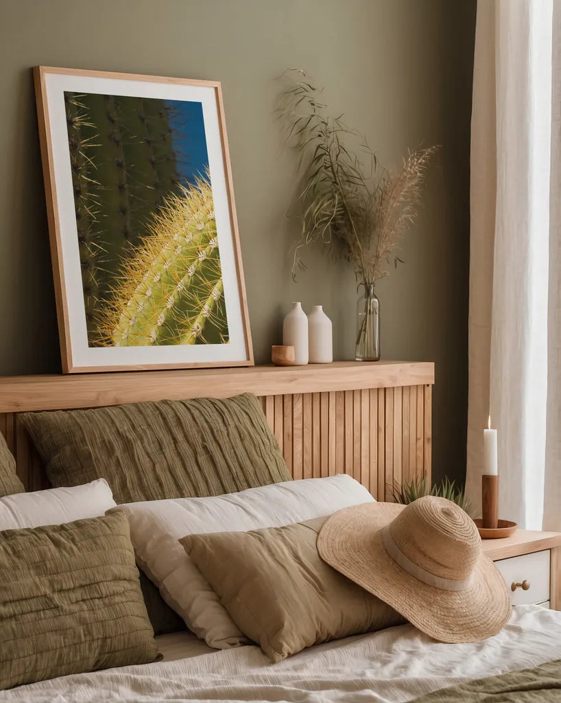 Saguaro Detail by Alan Majchrowicz. shown as a paper print in a natural frame. Available as a archival giclee rolled canvas, fine art paper, or poster print. SKU 86030h.