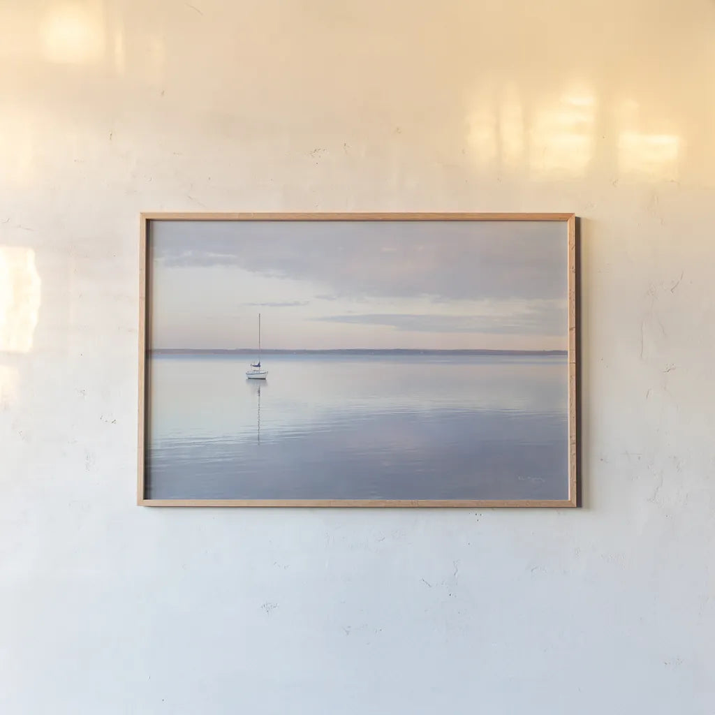 Sailboat in Bellingham Bay I by Alan Majchrowicz. shown as a paper print in a natural frame. Available as a archival giclee rolled canvas, fine art paper, or poster print. SKU 61439i.