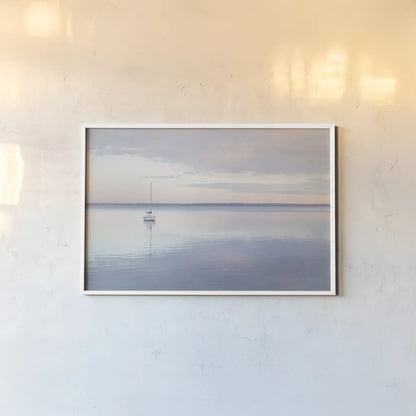 Sailboat in Bellingham Bay I by Alan Majchrowicz. shown as a paper print in a white frame. Available as a archival giclee rolled canvas, fine art paper, or poster print. SKU 61439i.